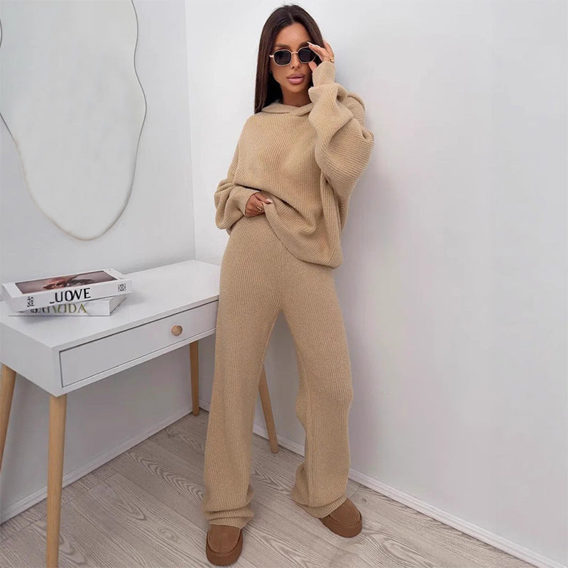 Damen lässiger Strick-Loungewear-Anzug mit weitem Schnitt und Kapuze Heidi-Mode