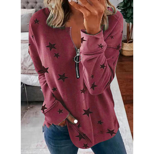 Damen Lässiger Sweatshirt mit Reißverschluss und Sternenmotiv Heidi-Mode