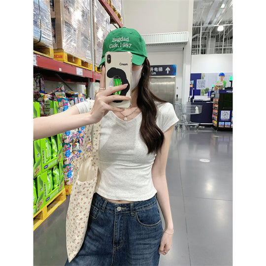 Frau V-Ausschnitt Enges Ripp T-Shirt Heidi-Mode