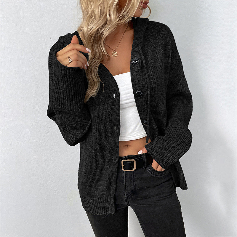 Damen lässige Strickjacke mit Kapuze und Knopfverschluss Heidi-Mode