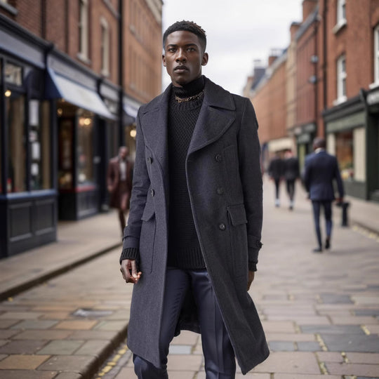 Herren eleganter Dufflecoat mit tiefem Revers und praktischen Taschen Heidi-Mode