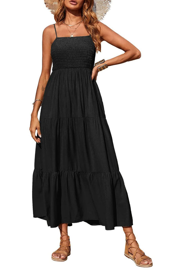 Damen Maxikleid mit verstellbaren Trägern und Rüschen Heidi-Mode