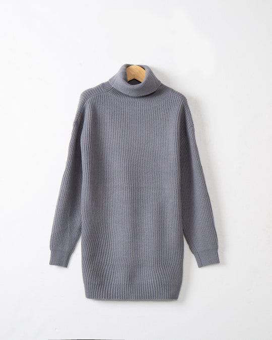 Damen Grobstrick Kleid mit hohem Kragen und weitem Schnitt Heidi-Mode