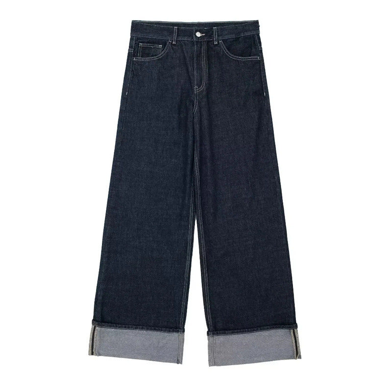 Damen Weit geschnittene Denim-Hose mit modischem Aufschlag Heidi-Mode