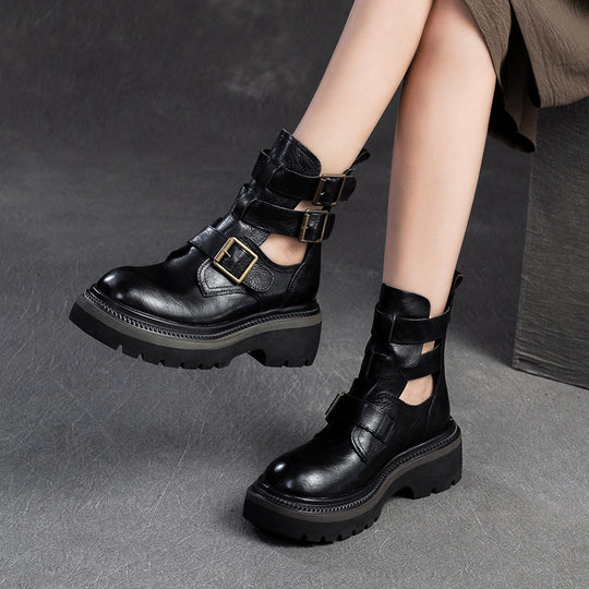 Damen Chunky Biker-Stiefel mit verstellbaren Riemen und robustem Sohlenprofil Heidi-Mode