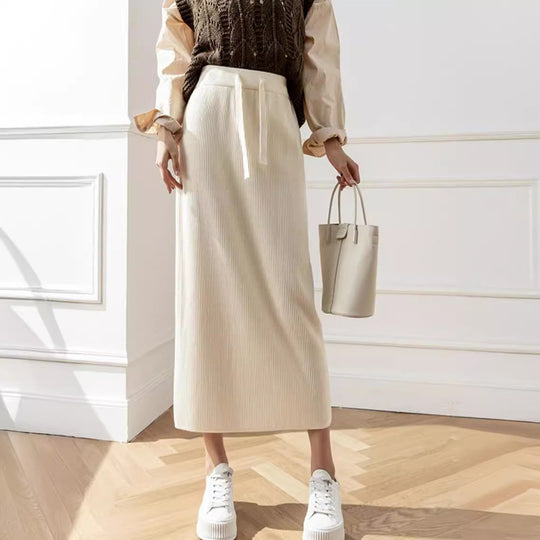 Damen Midi-Rock mit Taillenschnürung und geripptem Design Heidi-Mode