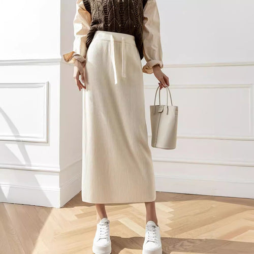 Damen Midi-Rock mit Taillenschnürung und geripptem Design Heidi-Mode