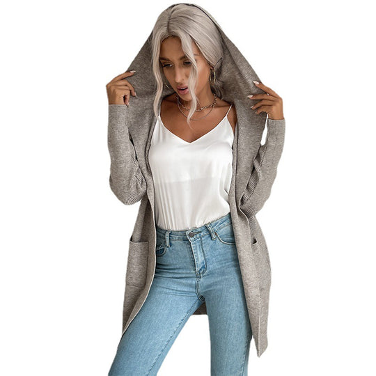 Damen Langärmlige Strickjacke mit Kapuze und seitlichen Taschen Heidi-Mode