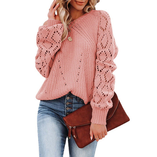 Damen Strickpullover mit romantischem Häkelmuster und voluminösen Ärmeln Heidi-Mode