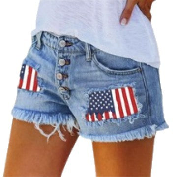 Damen Jeansshorts im Coolen USA-Design mit ausgefranstem Saum Heidi-Mode