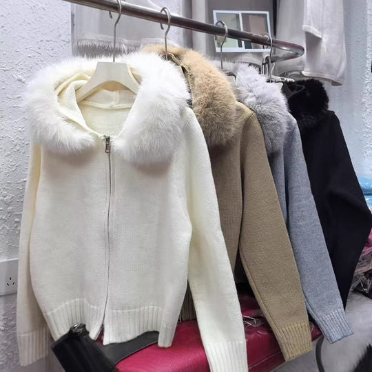 Damen kuschelige Strickjacke mit luxuriösem Pelzkragen und Reißverschluss Heidi-Mode