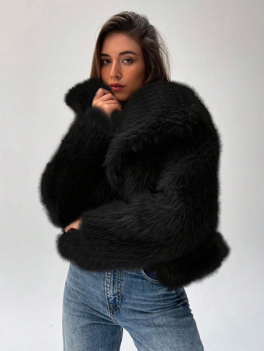 Damen Modischer Kunstpelz-Cropped-Jacke mit voluminösen Ärmeln Heidi-Mode