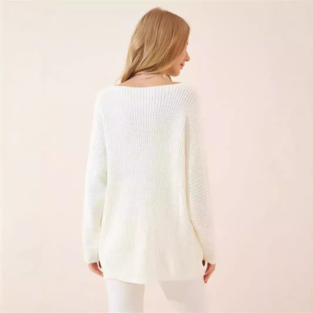 Damen lässiger V-Ausschnitt Pullover mit strukturiertem Strickmuster Heidi-Mode