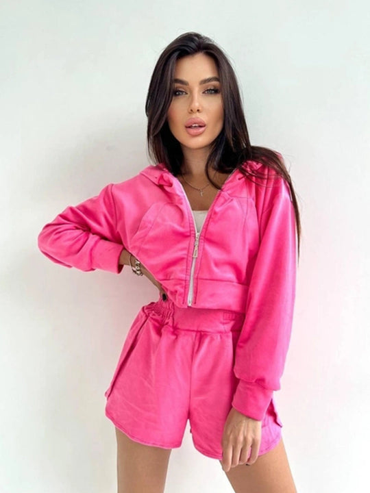Damen Sportliches Cropped Freizeit-Set mit Reißverschluss und elastischem Bund Heidi-Mode