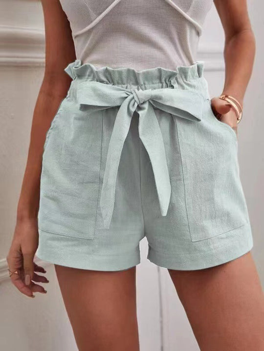 Damen kurze Lockere Leinenhose mit Bindegürtel Heidi-Mode