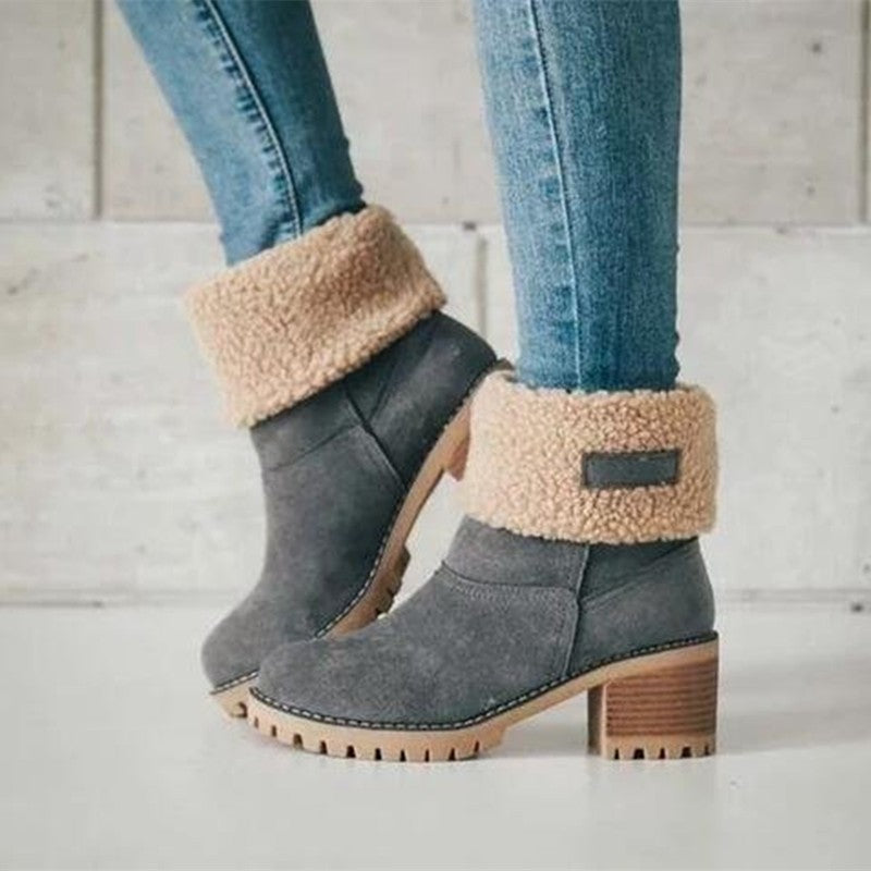 Damen Stiefeletten mit kuscheligem Schafsfellkragen und robustem Blockabsatz Heidi-Mode