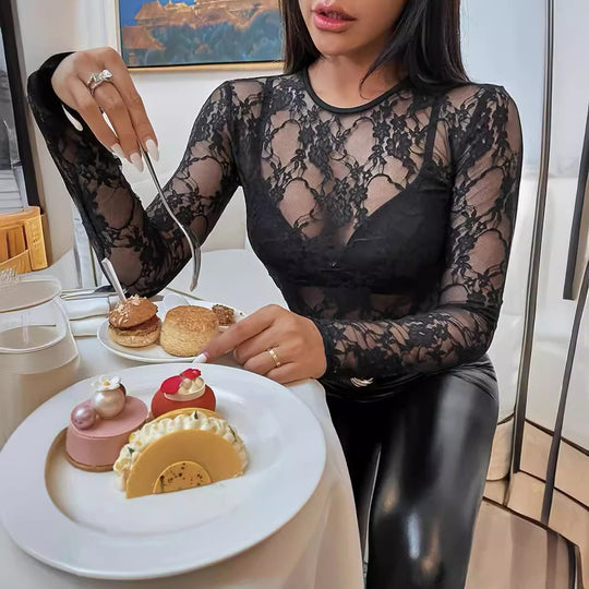 Damen Elegantes Spitzenshirt mit transparentem Design Heidi-Mode