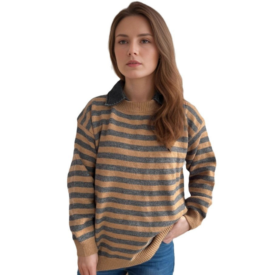 Damen lässiger Pullover mit strukturellem Streifenmuster und modischem Kragen Heidi-Mode