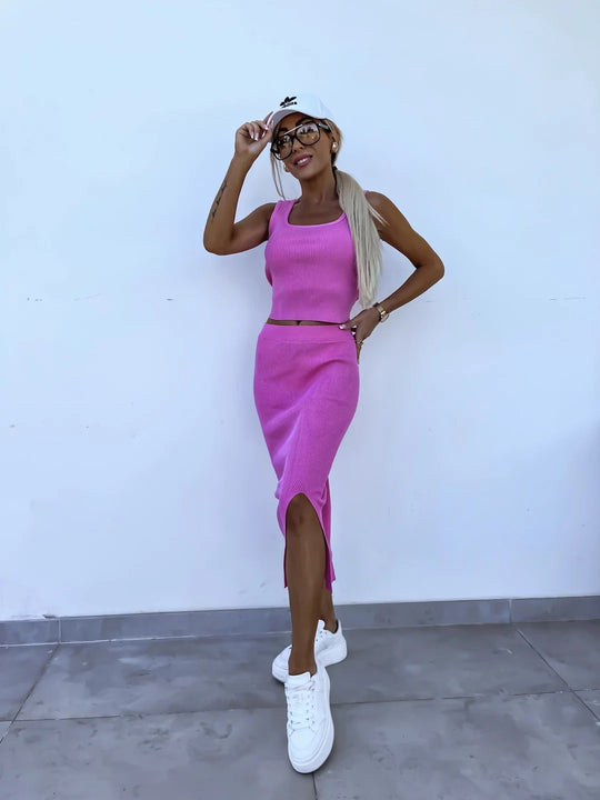 Damen modisches Strick-Set mit Crop-Top und Schlitzrock Heidi-Mode