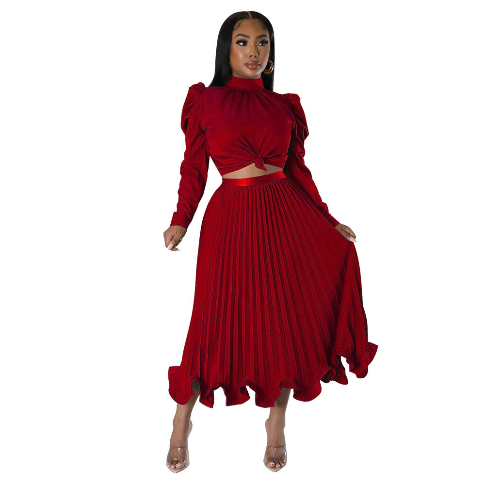 Damen elegantes Plissee-Kleid mit hochgeschlossenem Kragen und Volants Heidi-Mode