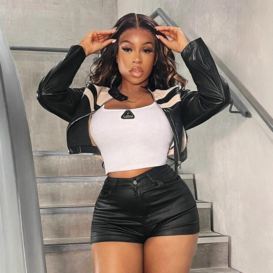 Damen cropped Kunstlederjacke mit sportlichen Zierdetails Heidi-Mode