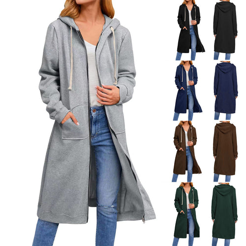 Damen Long Hoodie-Jacke aus bequemen Sweatmaterial mit Taschen Heidi-Mode