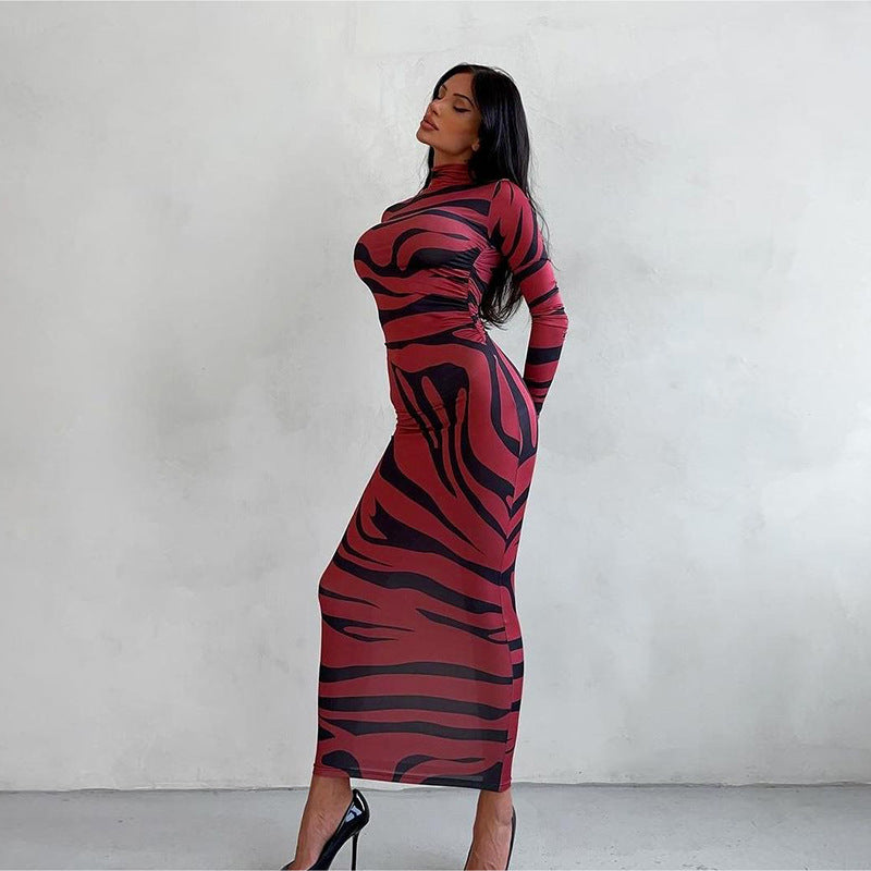 Damen Langarm-Maxikleid mit raffiniertem Leopardenmuster Heidi-Mode