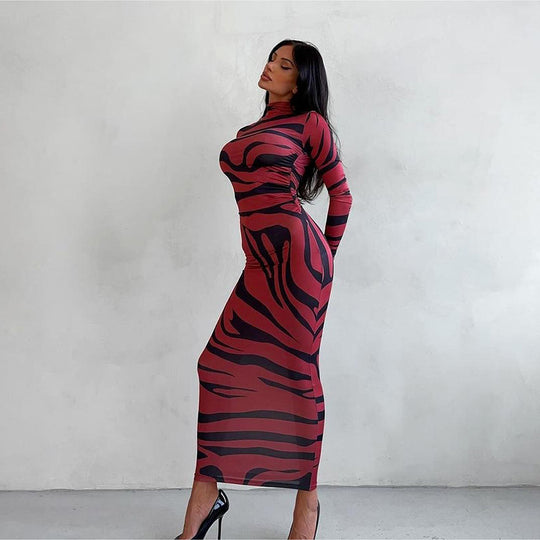 Damen Langarm-Maxikleid mit raffiniertem Leopardenmuster Heidi-Mode