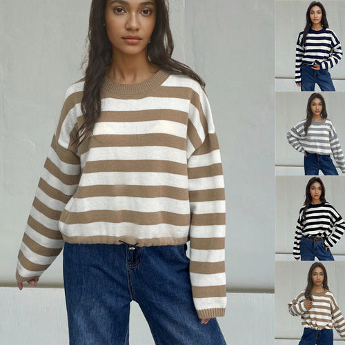 Damen Gemütlicher Ringelpullover mit lässigem Schnitt und tiefem Saum Heidi-Mode