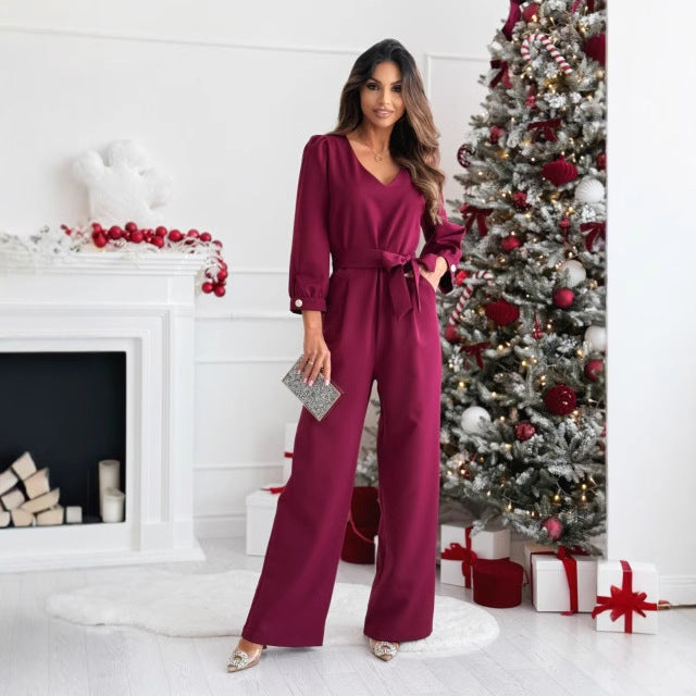 Damen Eleganter Jumpsuit mit taillierbarem Gürtel und V-Ausschnitt Heidi-Mode