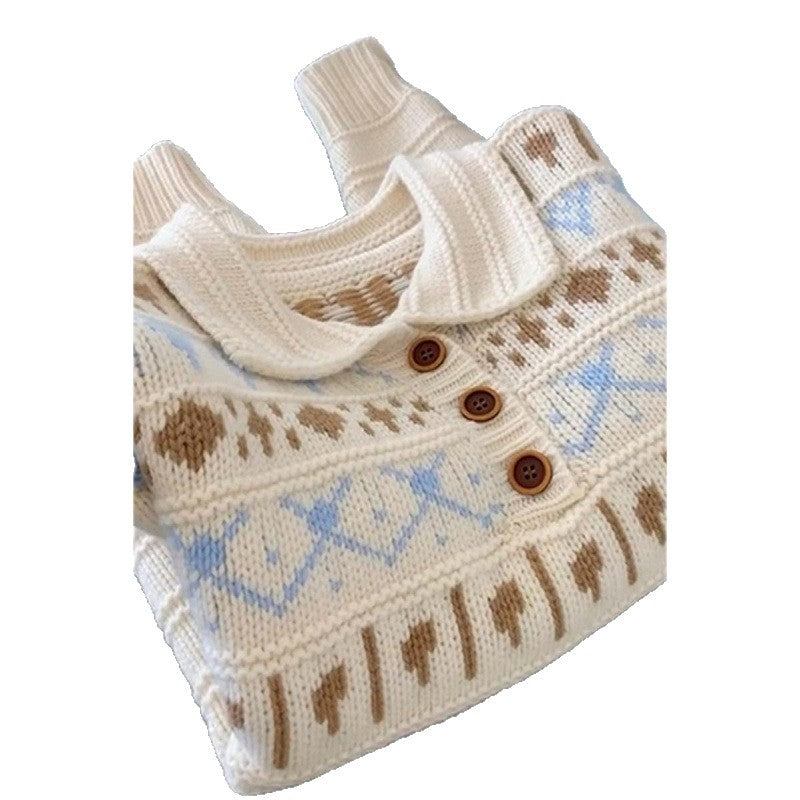 Damen Grobstrickpullover mit liebevollem Grafikumfang und romantischem Kragen Heidi-Mode
