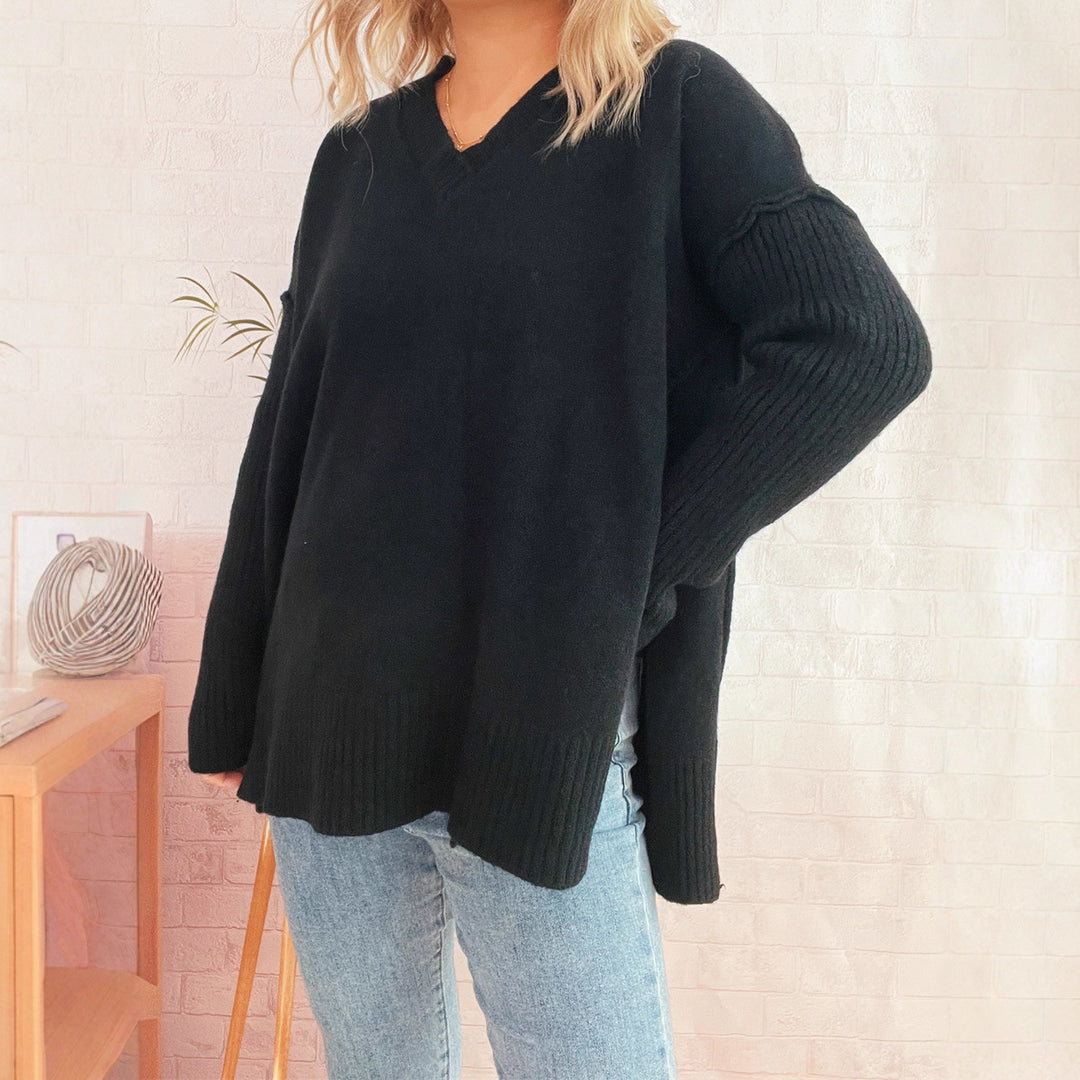 Damen lässiger V-Ausschnitt Pullover mit stylishen Rippdetails Heidi-Mode