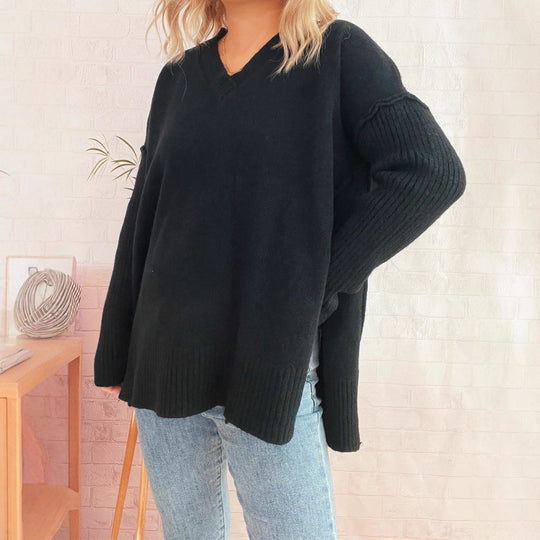 Damen lässiger V-Ausschnitt Pullover mit stylishen Rippdetails Heidi-Mode