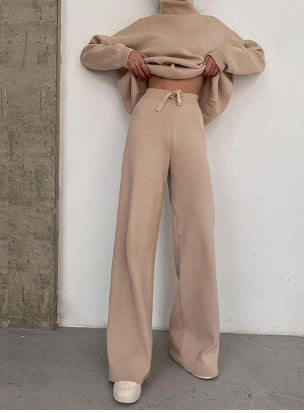 Damen elegantes Strick-Loungewear-Set mit hohem Kragen und weitem Bein Heidi-Mode