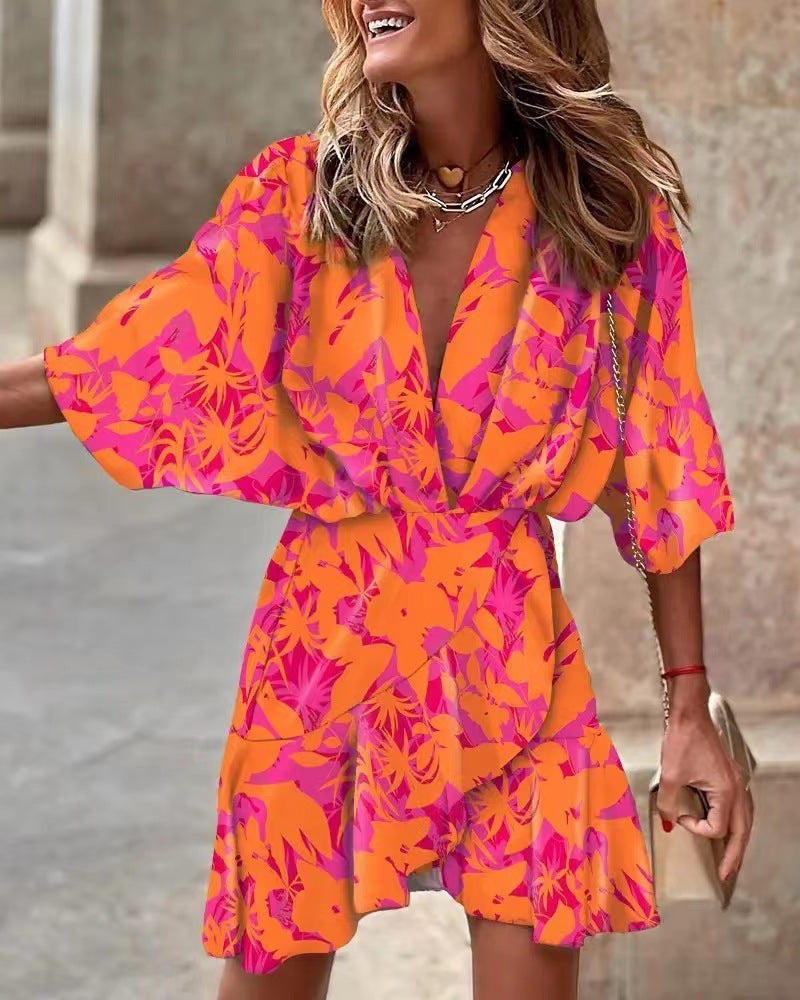 Damen Lässiges Wickelkleid mit voluminösen Ärmeln und modischem Tierdruck Heidi-Mode