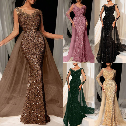 Damen Glitzerndes Abendkleid mit langen Ärmeln und transparentem Überrock Heidi-Mode