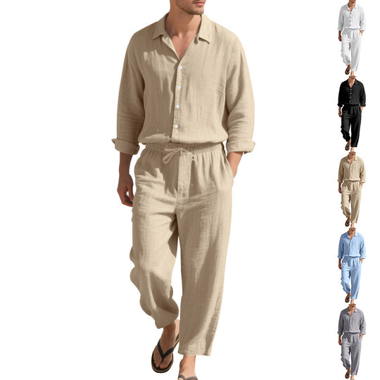 Herren Leinen-Loungeanzug mit elastischem Bund und praktischem Knopfdesign Heidi-Mode