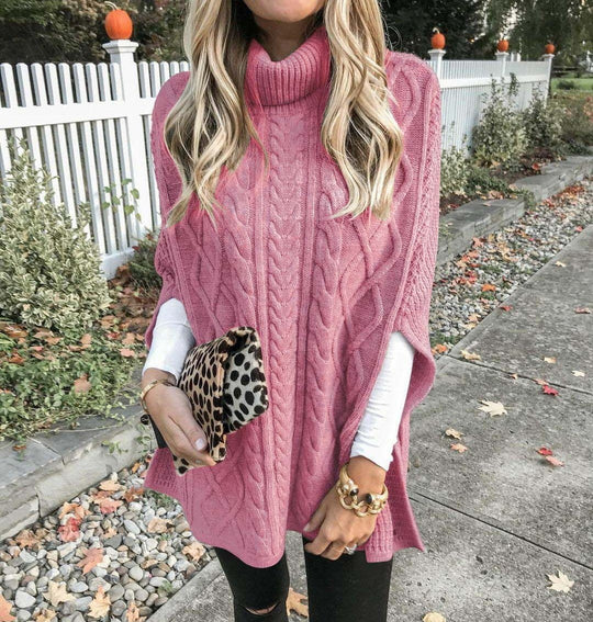 Damen Strickponcho mit hochschließendem Kragen und klassischem Kabelmuster Heidi-Mode