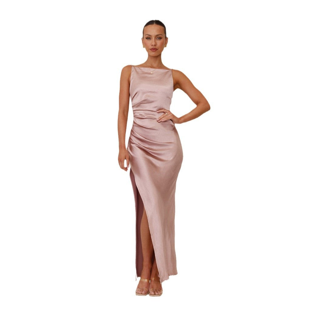 Damen schickes Maxikleid mit elegantem Schlitz und luxuriösem Satin-Finish Heidi-Mode