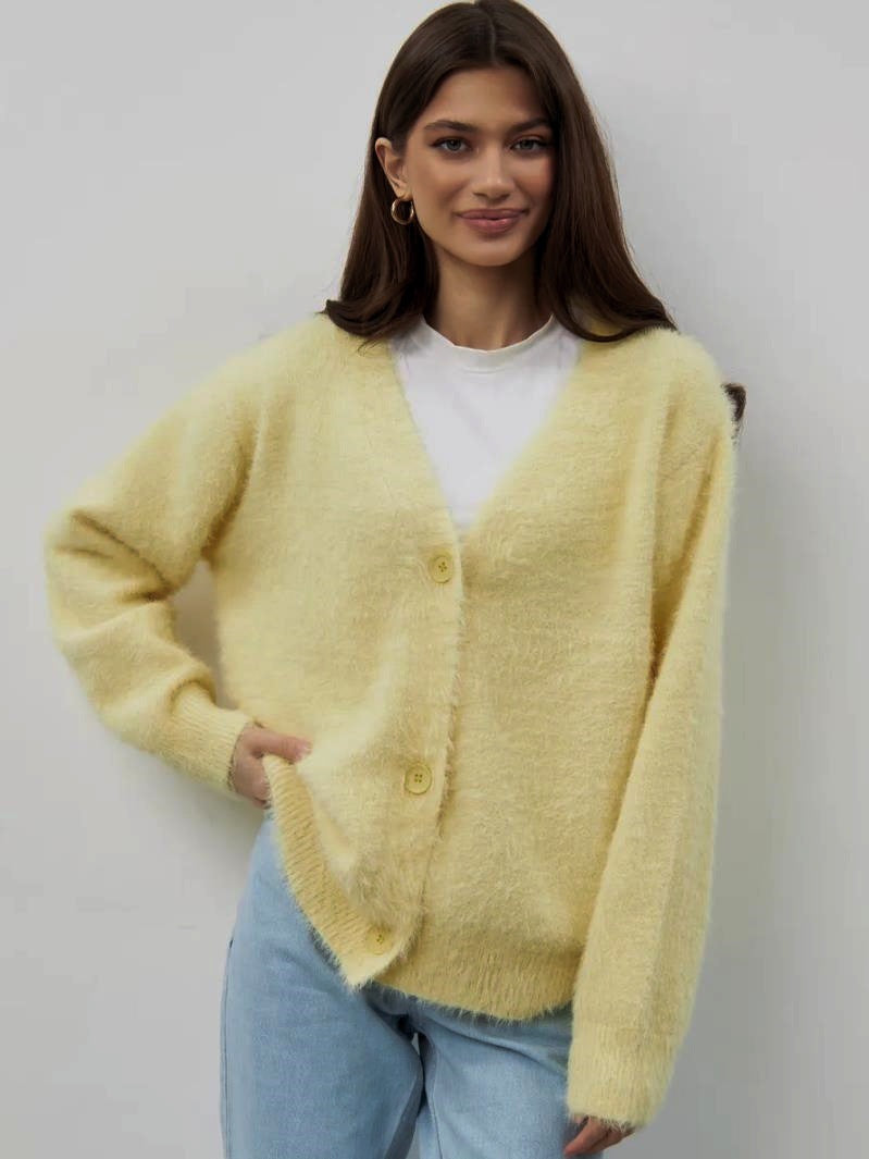 Damen kuschelige Strickjacke mit weichem Mohair-Mix und eleganter Knopfleiste Heidi-Mode