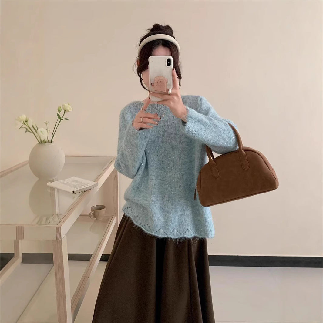 Damen Flauschiger Strickpullover mit glänzenden Akzenten und lockerem Schnitt Heidi-Mode