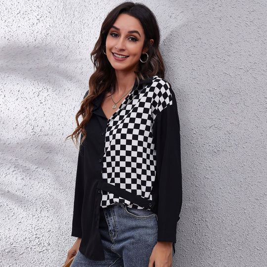 Damen Karierte Bluse mit asymmetrischem Schnitt und modischem Kragen Heidi-Mode
