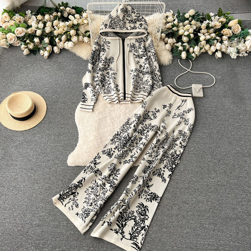 Damen modisches Freizeit-Lounge-Set mit Kapuze und floralem Muster Heidi-Mode