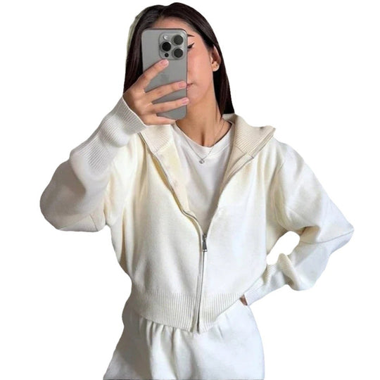Damen Sportlicher Strickpullover mit hohem Kragen und Reißverschluss Heidi-Mode