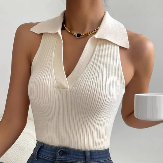 Damen Ärmelloses Strickoberteil mit modischem Kragen und Rippstruktur Heidi-Mode