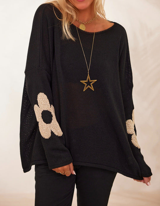 Damen grob gestrickter Pullover mit floralem Design und weitem Schnitt Heidi-Mode