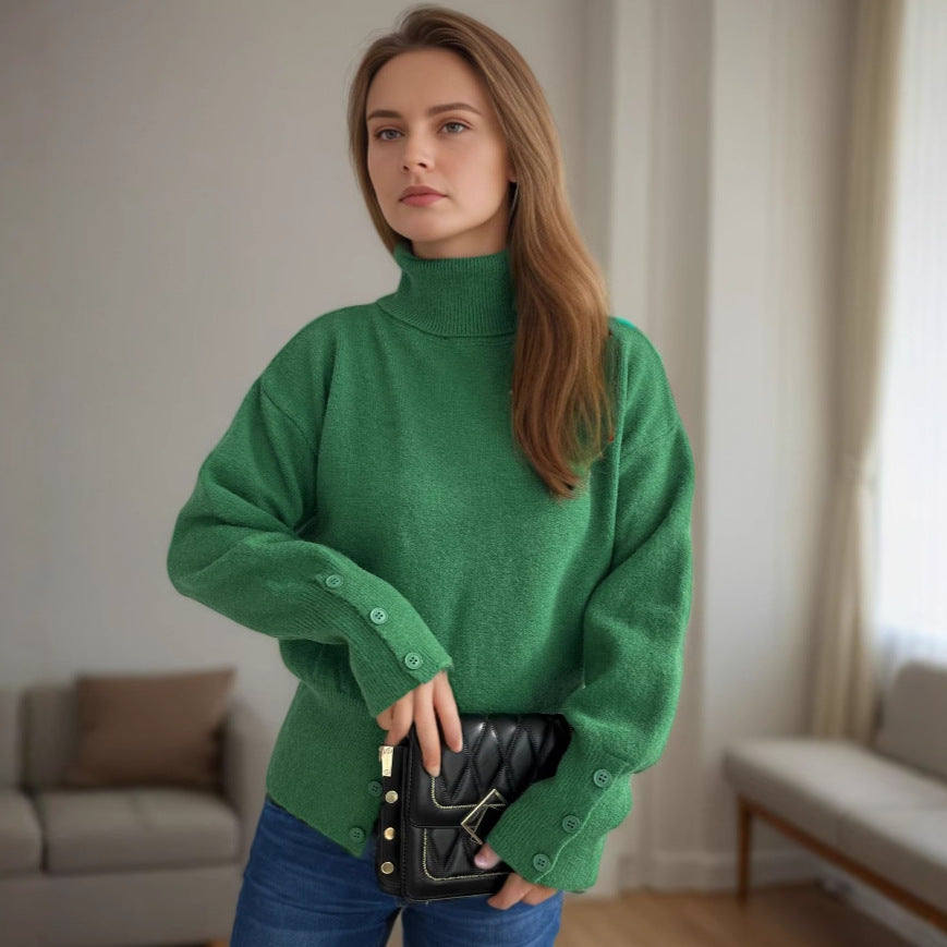 Damen modischer Rollkragenpullover mit Knopfdetails und asymmetrischem Saum Heidi-Mode