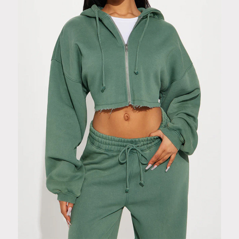 Damen Sportliches Fleece-Set mit cropped Hoodie und weitem Schnitt Heidi-Mode