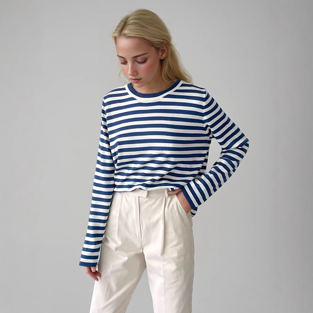 Damen gestreifter Langarmpullover mit Rundhalsausschnitt und lässigem Schnitt Heidi-Mode