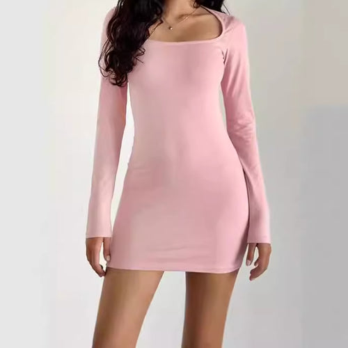 Damen Figurbetontes Minikleid mit quadratischem Ausschnitt und langen Ärmeln Heidi-Mode